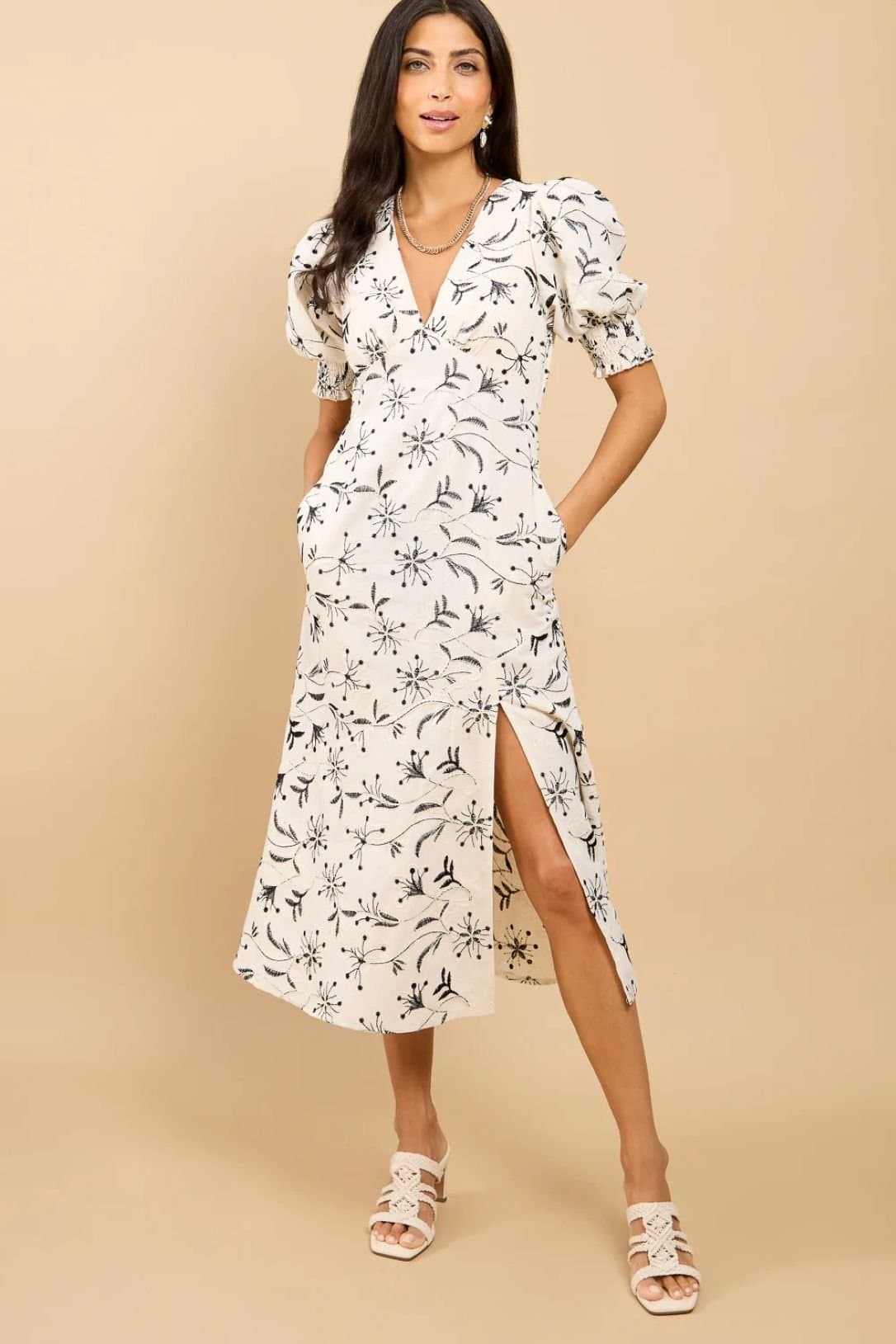 Little Mistress Little Mistress Women's Natural Embroidered Midaxi Dress