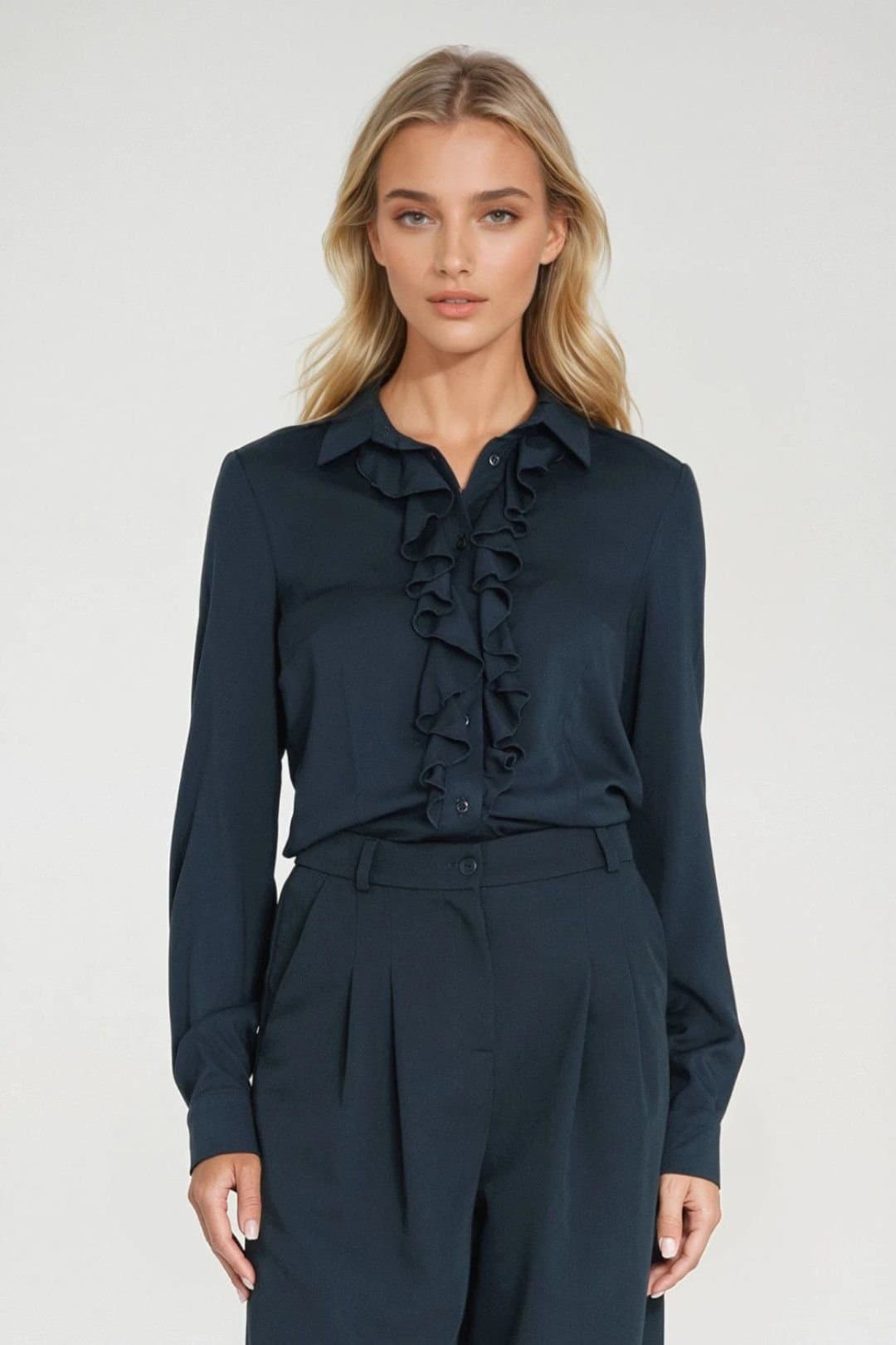 Love Lace Love Lace Women's Fitted Long Sleeve Shirt with Jabot Detail in Blue