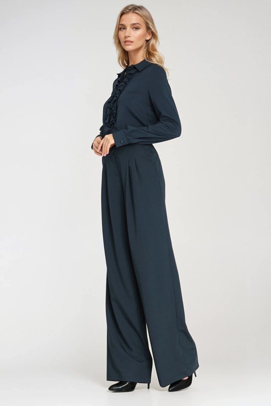 Love Lace Love Lace Women's Fitted Long Sleeve Shirt with Jabot Detail in Blue - 4