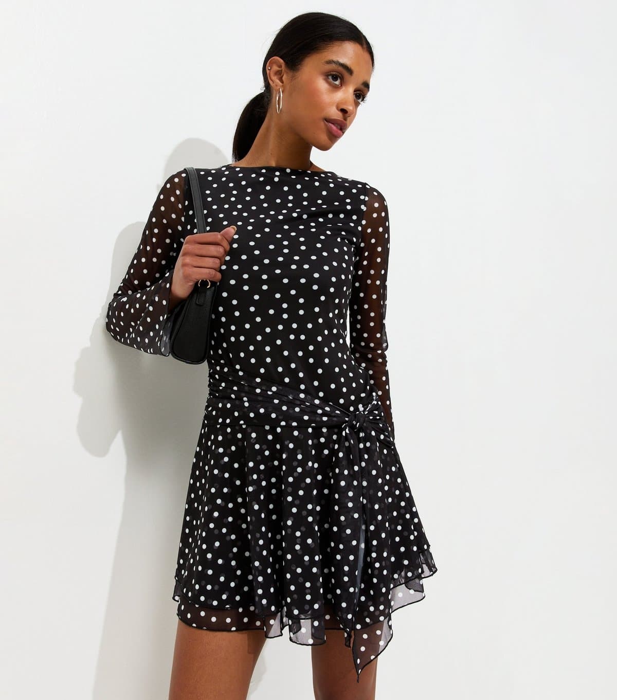 New Look Women's Black Polka Dot Flared Sleeve Frill Mini Dress New Look