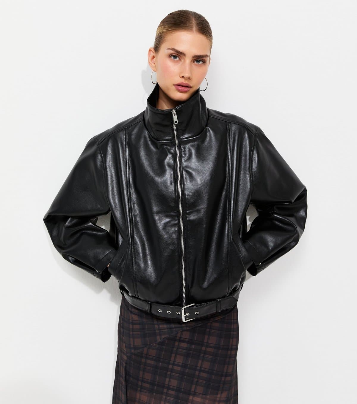 New Look Women's Black Faux Leather Buckle Hem Funnel Neck Jacket New Look