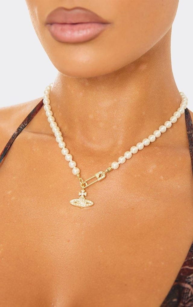 EGO Diamante Logo Detail Pearl Necklace In Gold, Women's Size UK 0 - 2