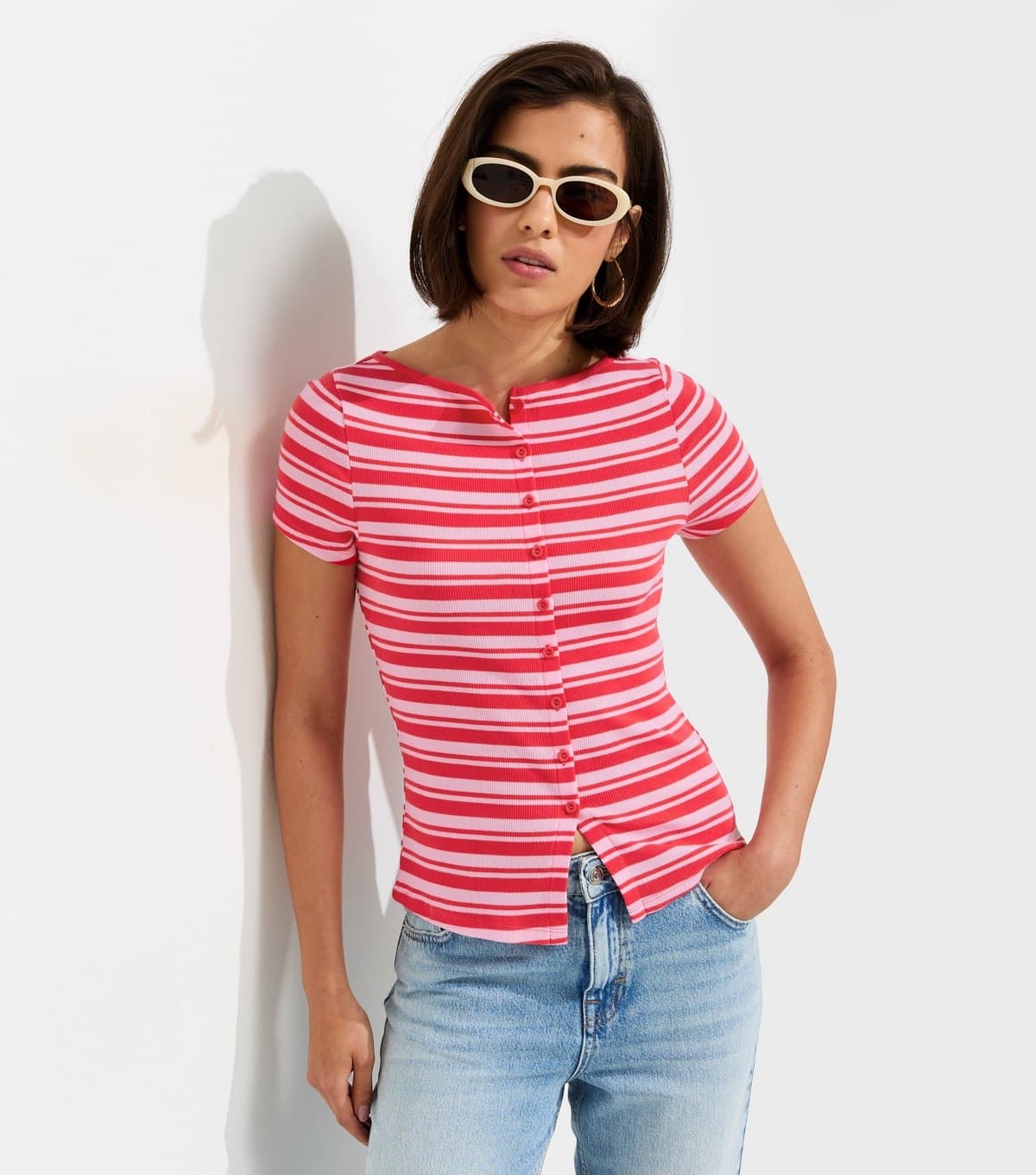 New Look Women's Pink Cotton Rich Striped Button Through Baby Tee T-Shirt New Look