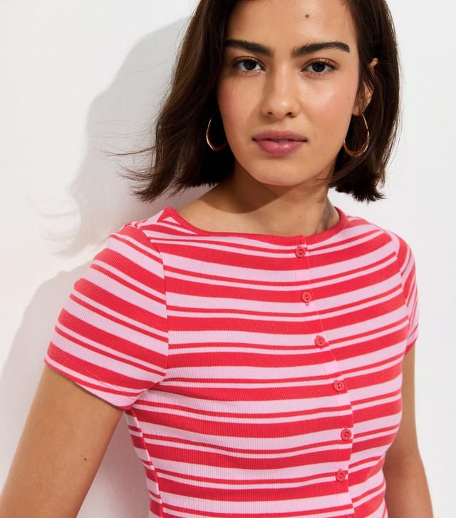 New Look Women's Pink Cotton Rich Striped Button Through Baby Tee T-Shirt New Look - 2