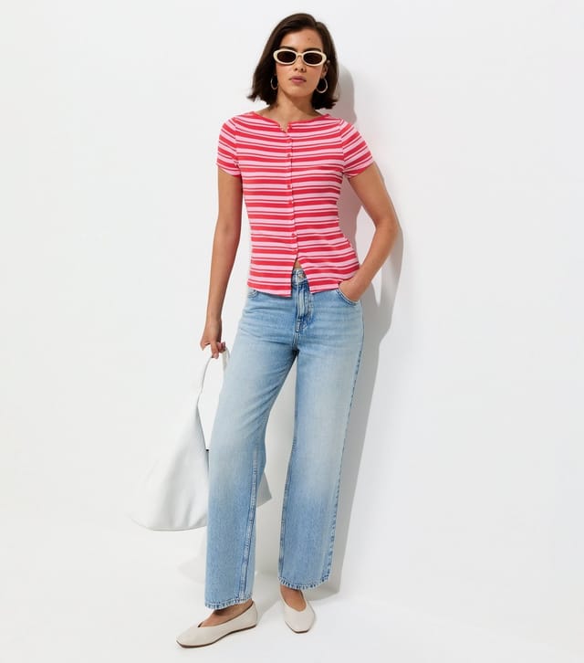 New Look Women's Pink Cotton Rich Striped Button Through Baby Tee T-Shirt New Look - 3