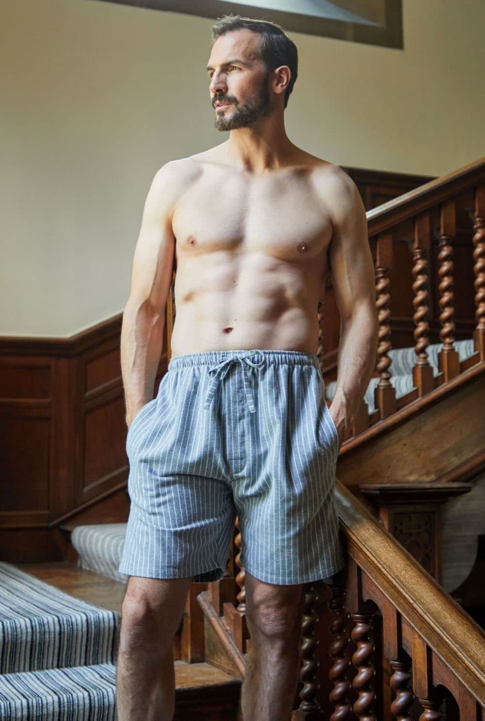 British Boxers British Boxers Men's "Chalk" Stripe Brushed Cotton Sleep Shorts in Mid Grey