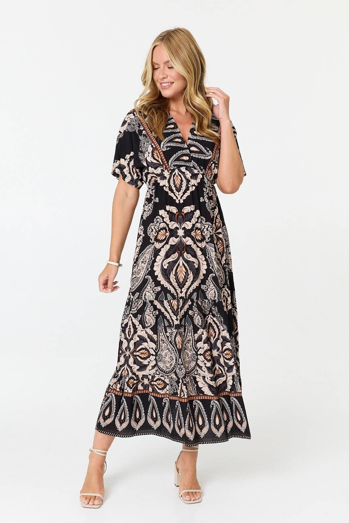 Izabel London Izabel London Women's Paisley Relaxed 1/2 Sleeve Maxi Dress in Black