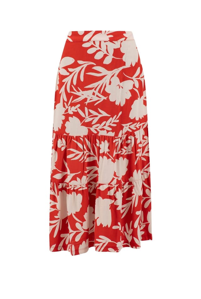 Weird Fish Weird Fish Women's Cassis Printed Tiered Skirt in Light Red - 2
