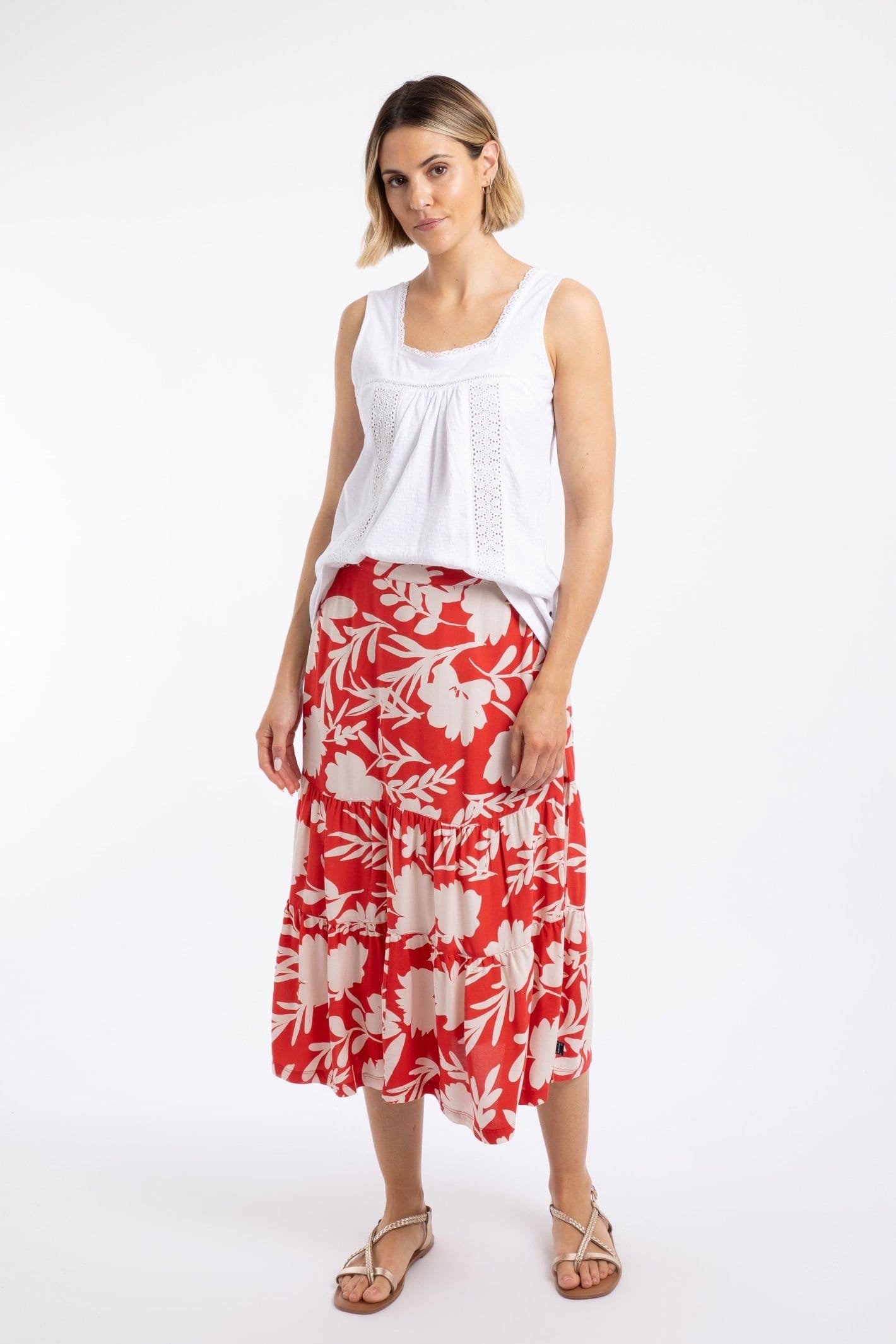 Weird Fish Weird Fish Women's Cassis Printed Tiered Skirt in Light Red - 4