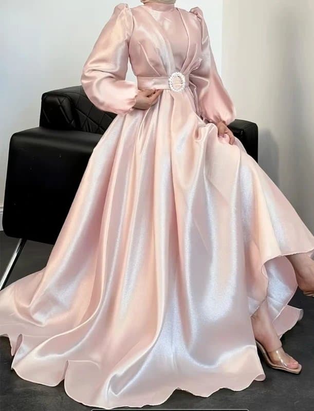 💕 Shimmering Peach Satin Gown with Crystal Buckle Vintage Style Pink Satin Maxi Dress | Elegant Long Sleeve Evening Prom Gown