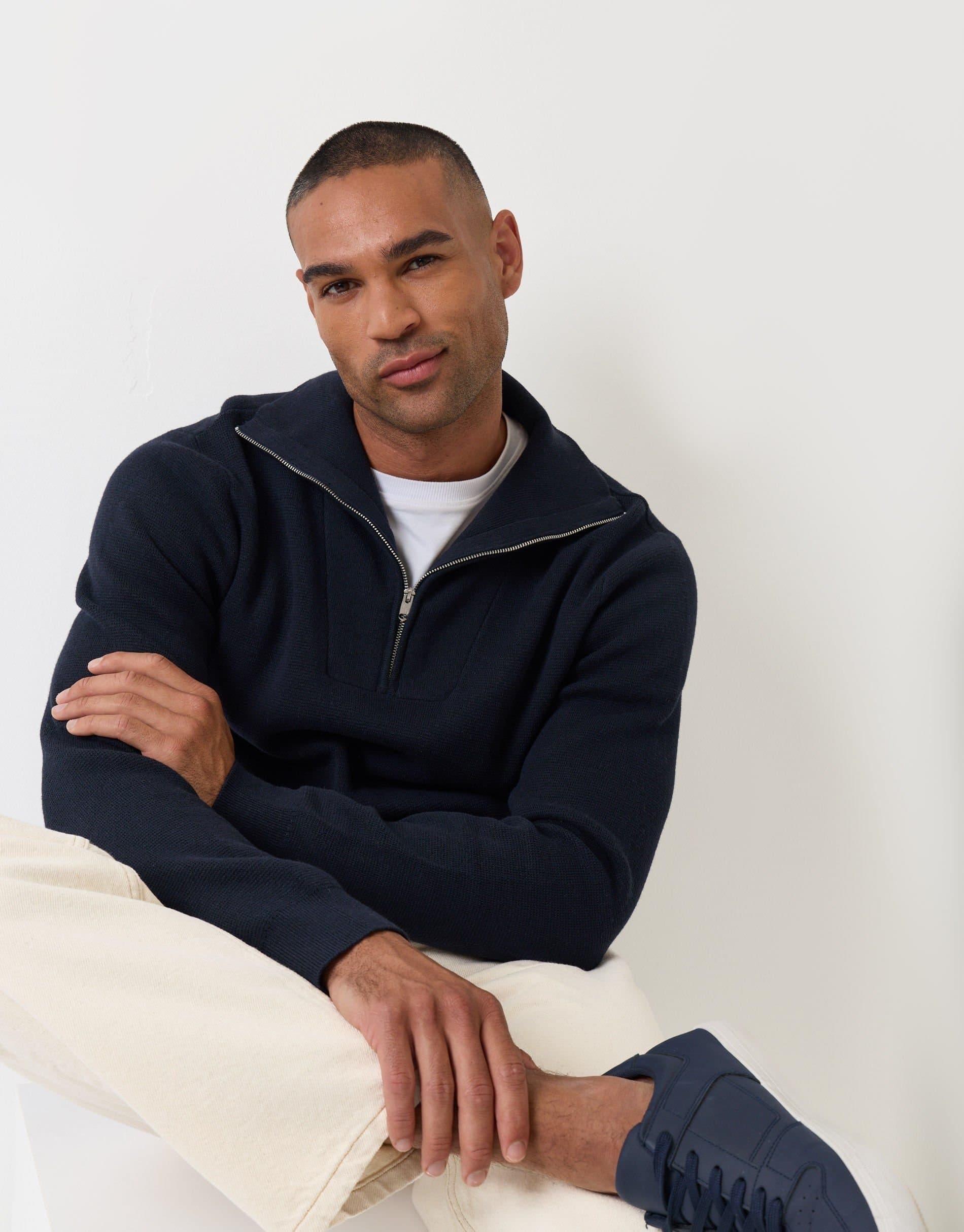 Threadbare threadbare Men's Rib Panel Quarter Zip Jumper in Blue