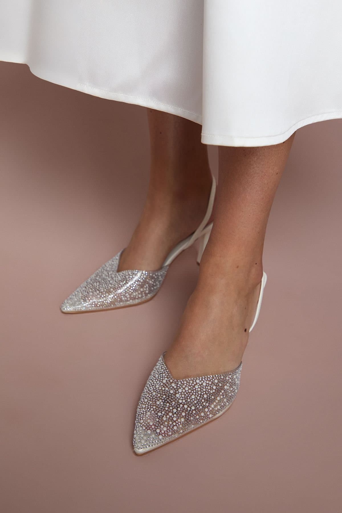 Coast Coast Women's Bridal Tilly Diamante & Pearl Sling Back Pointed Court Shoes in White