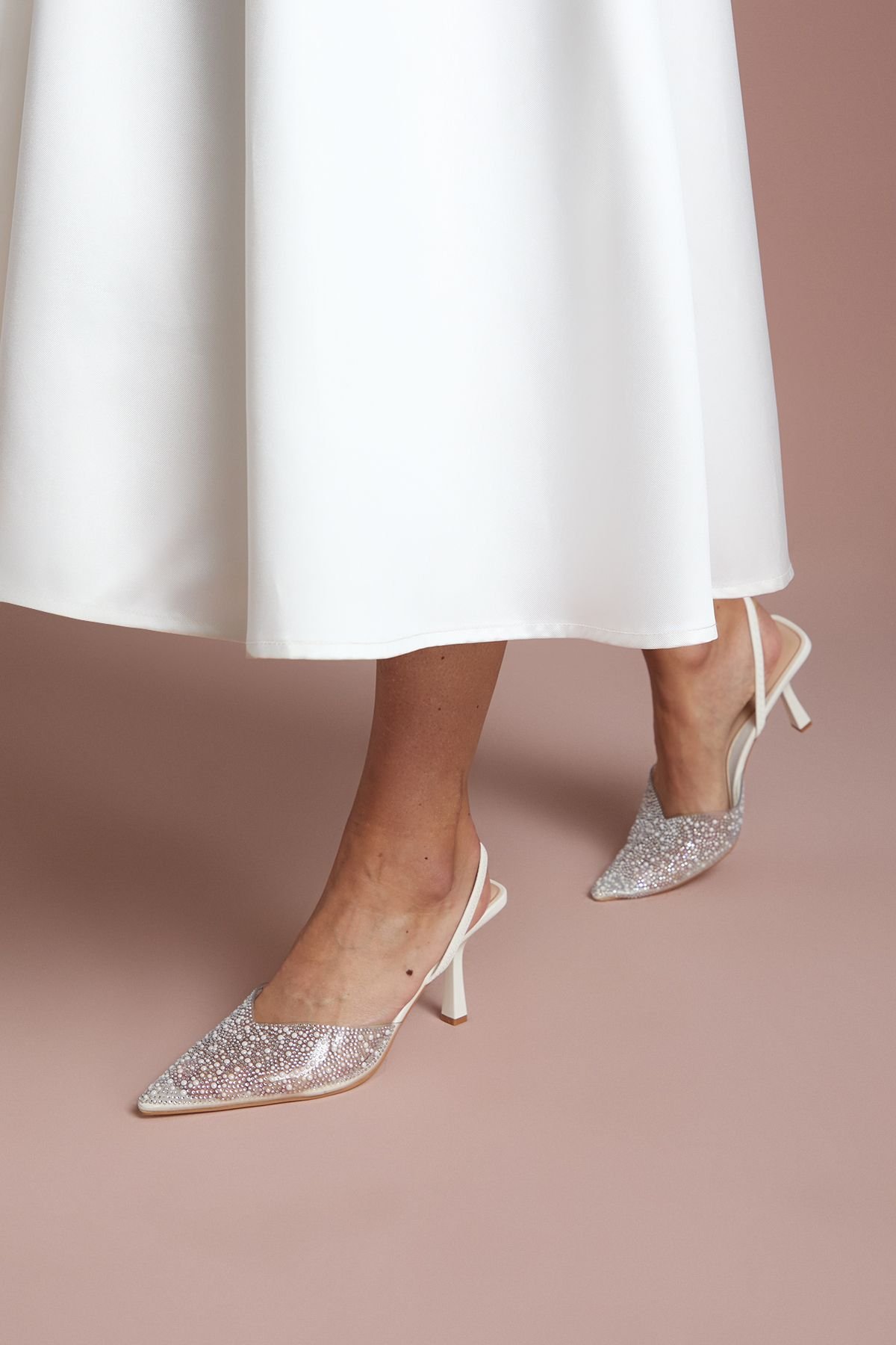 Coast Coast Women's Bridal Tilly Diamante & Pearl Sling Back Pointed Court Shoes in White - 3