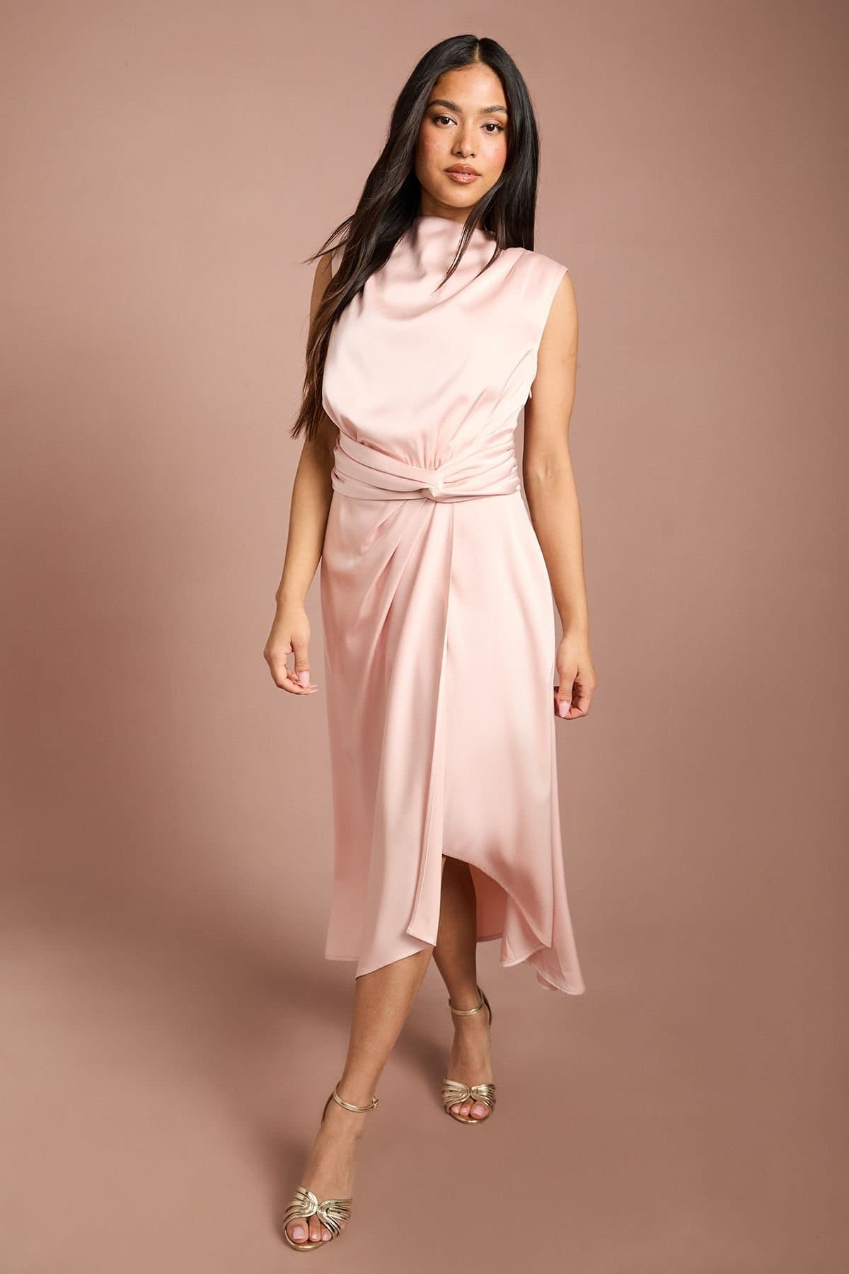 Coast Coast Women's Petite Satin Midi Dress With Twist Waist in Blush