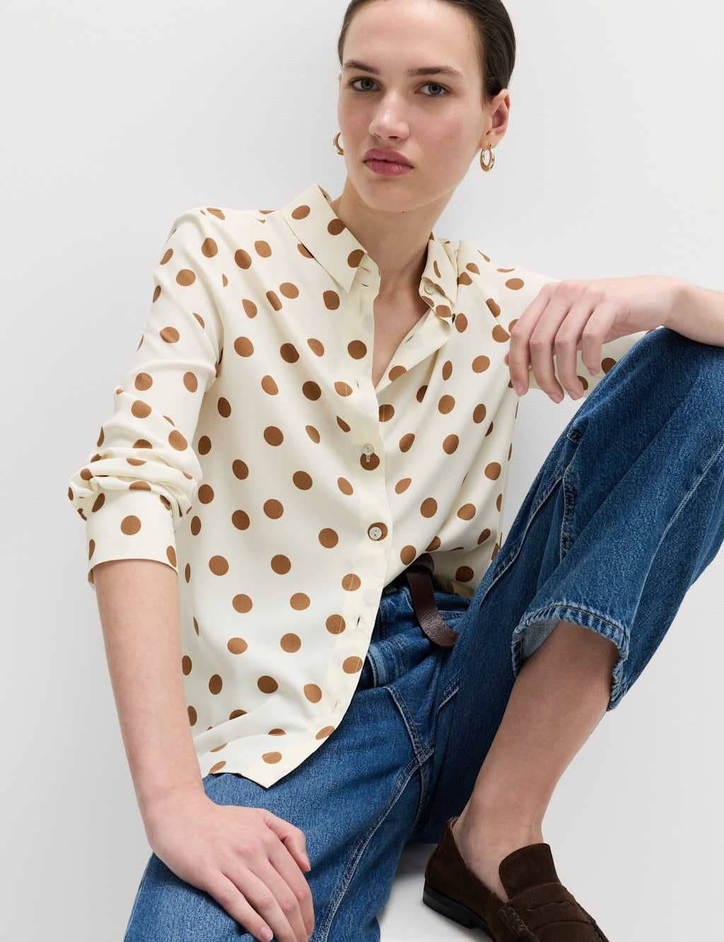 Marks & Spencer M&S Polka Dot Collared Shirt in Ivory Mix