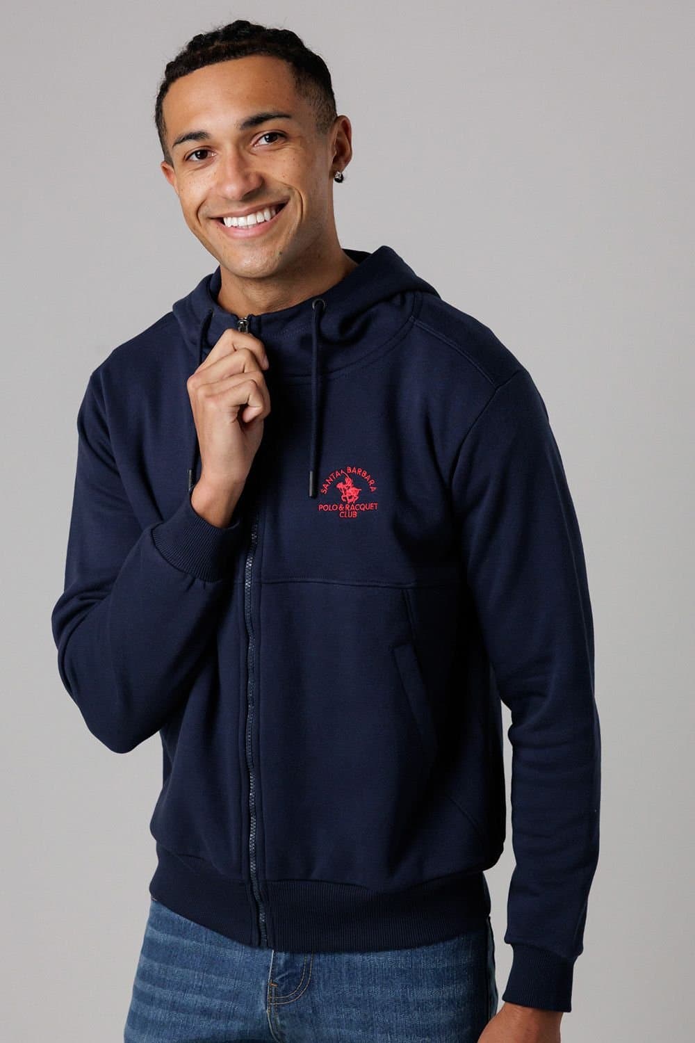 Santa Barbara Polo & Racquet Club Santa Barbara Polo & Racquet Club Men's Cotton Rich Zip Through Hoodie with Drawstring & Side Pockets in Navy