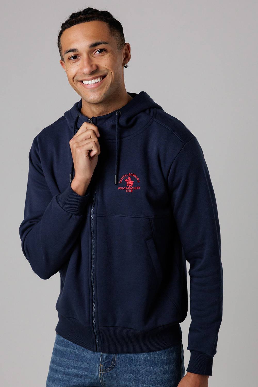 Santa Barbara Polo & Racquet Club Santa Barbara Polo & Racquet Club Men's Cotton Rich Zip Through Hoodie with Drawstring & Side Pockets in Navy - 3