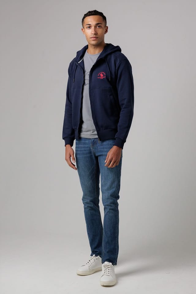 Santa Barbara Polo & Racquet Club Santa Barbara Polo & Racquet Club Men's Cotton Rich Zip Through Hoodie with Drawstring & Side Pockets in Navy - 3