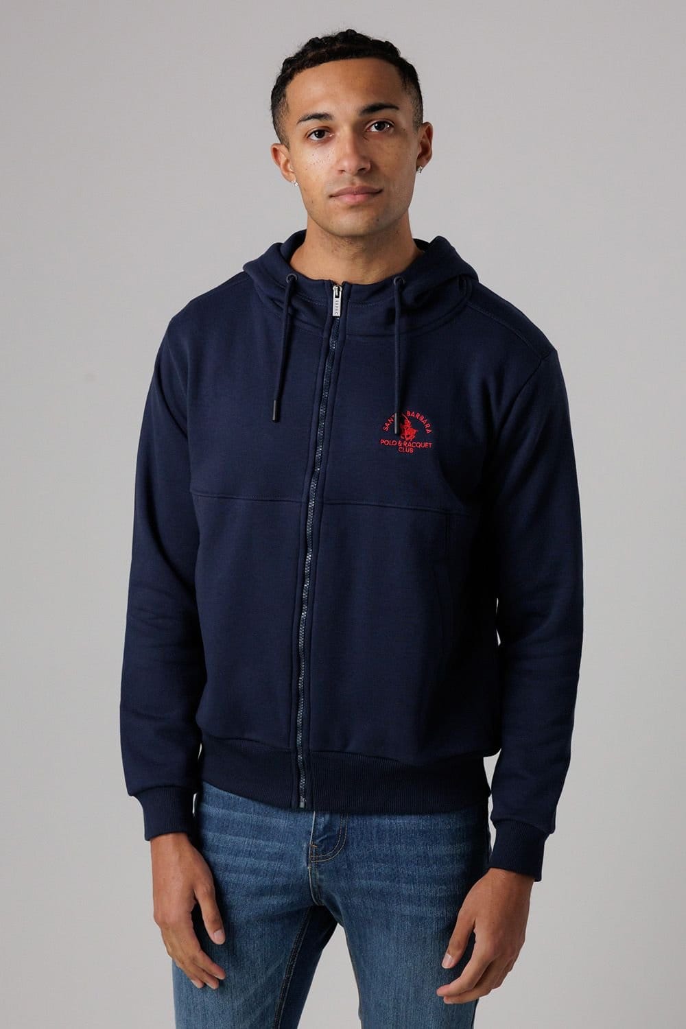 Santa Barbara Polo & Racquet Club Santa Barbara Polo & Racquet Club Men's Cotton Rich Zip Through Hoodie with Drawstring & Side Pockets in Navy - 4