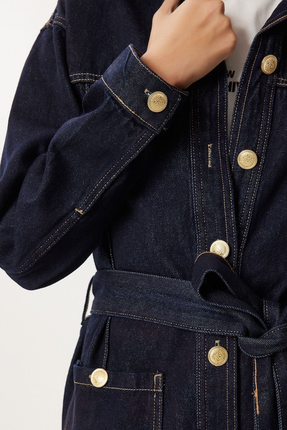 Happiness Istanbul Happiness Istanbul Women's Belted Denim Jacket & Wide Leg Pants Two-Piece Set in Mid Navy - 4