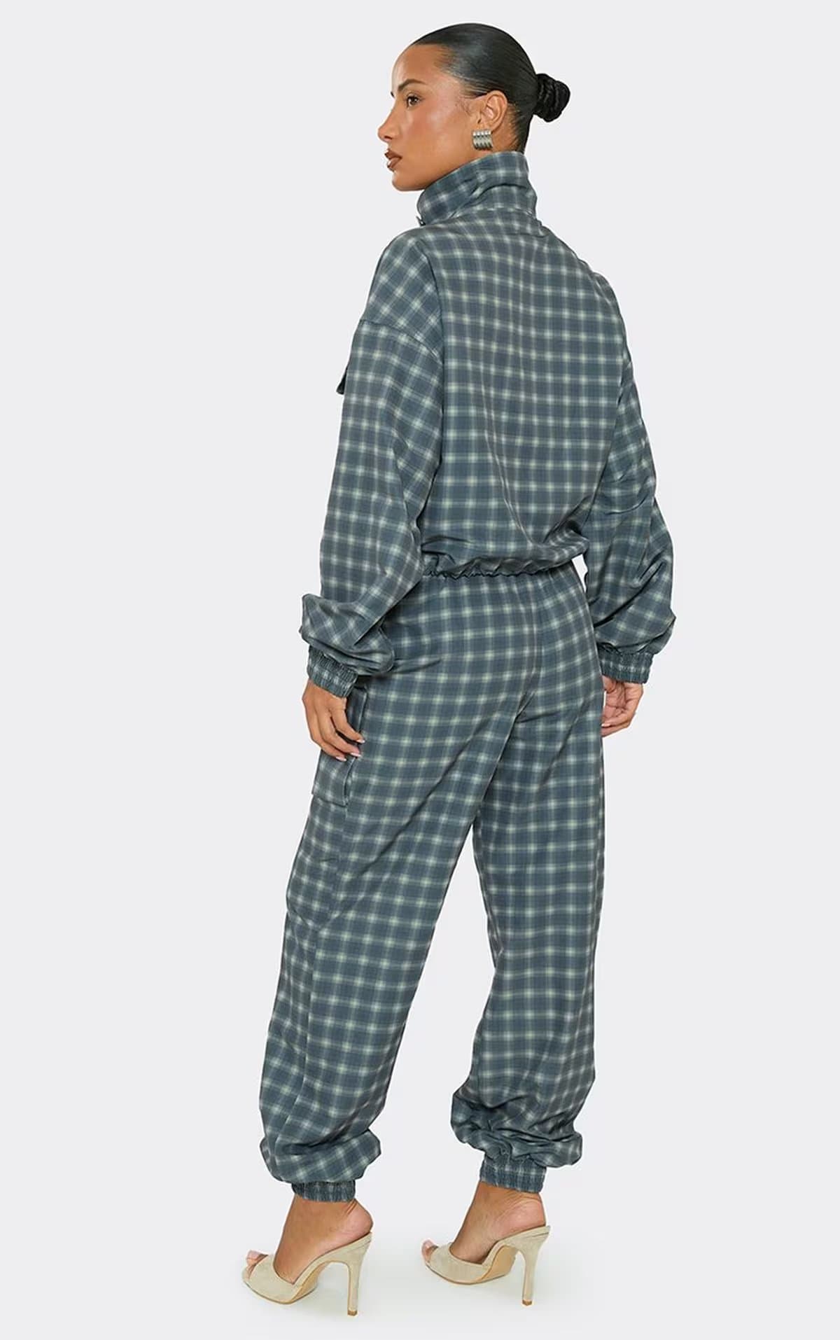 EGO Mid Rise Oversized Cuffed Trousers In Blue Check Print, Women's Size UK 6