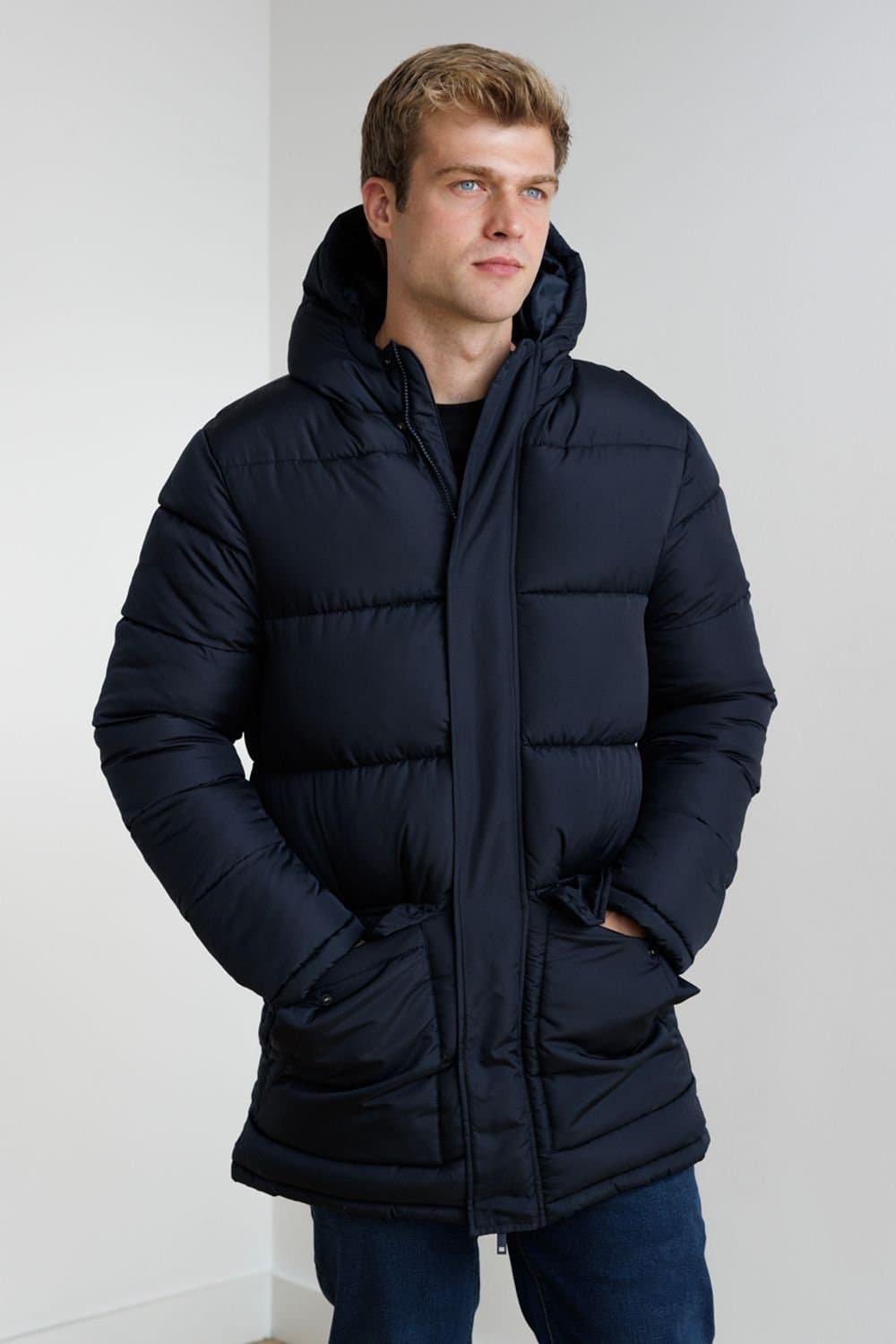 French Connection French Connection Men's Hooded Parka Longline Zip-Through Jacket in Navy