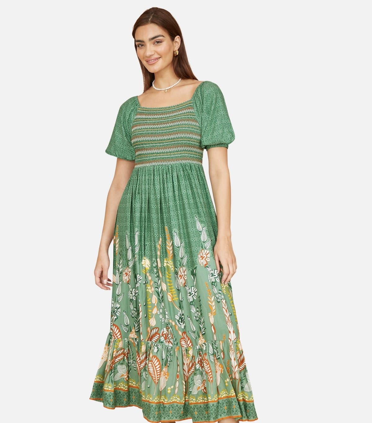 Yumi Women's Green Leaf Print Milkmaid Dress Yumi New Look