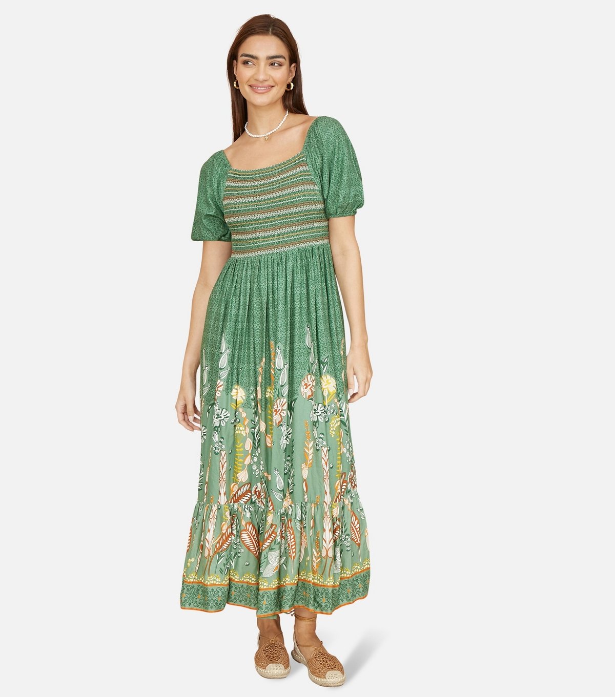Yumi Women's Green Leaf Print Milkmaid Dress Yumi New Look - 2