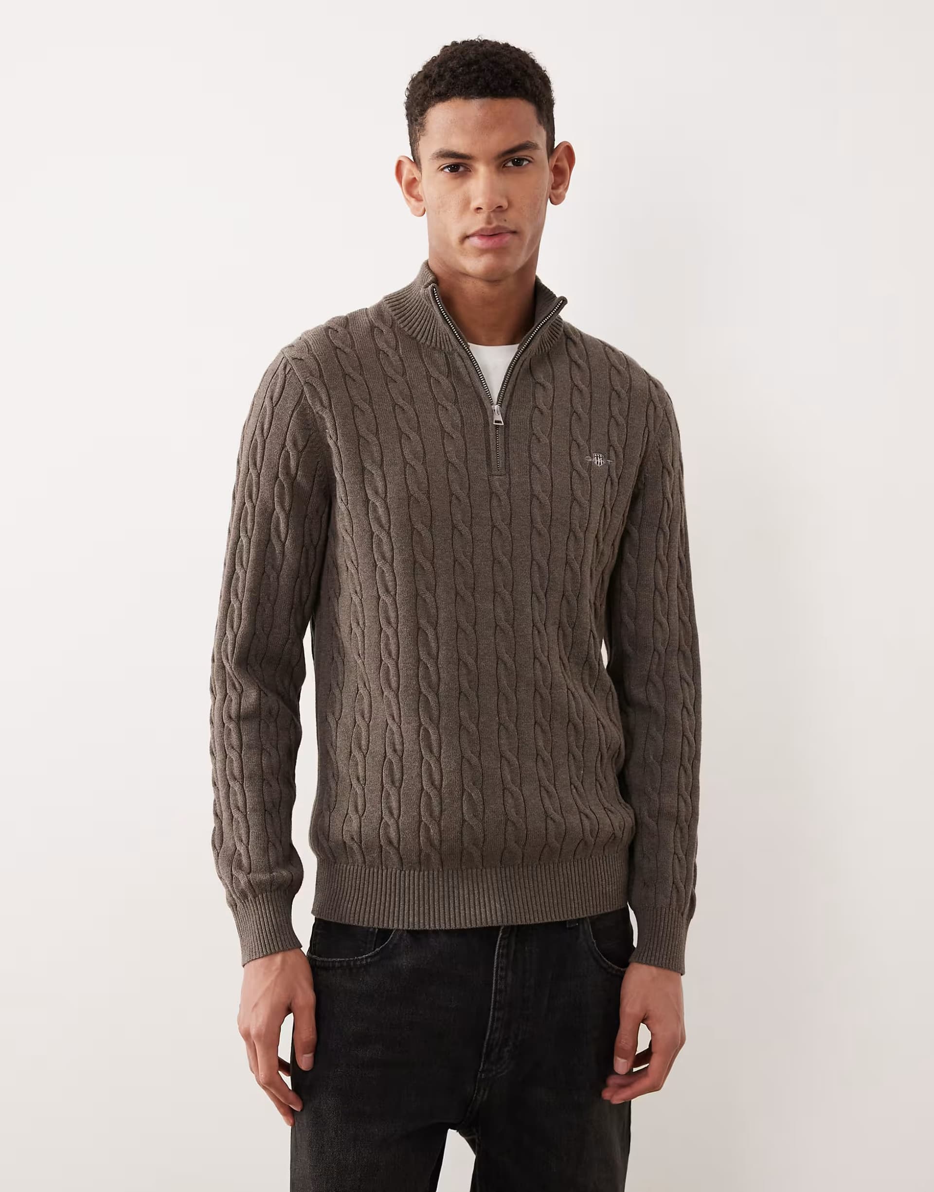 ASOS GANT Cotton cable knit half zip jumper in Brown
