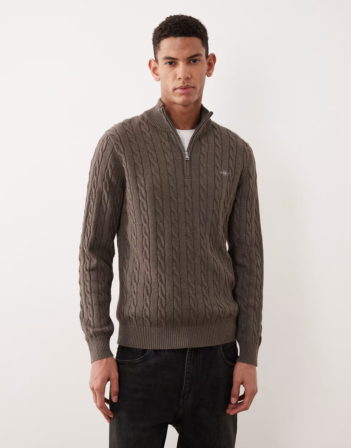 ASOS GANT Cotton cable knit half zip jumper in Brown - 1