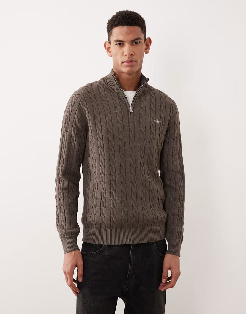 ASOS GANT Cotton cable knit half zip jumper in Brown - 1