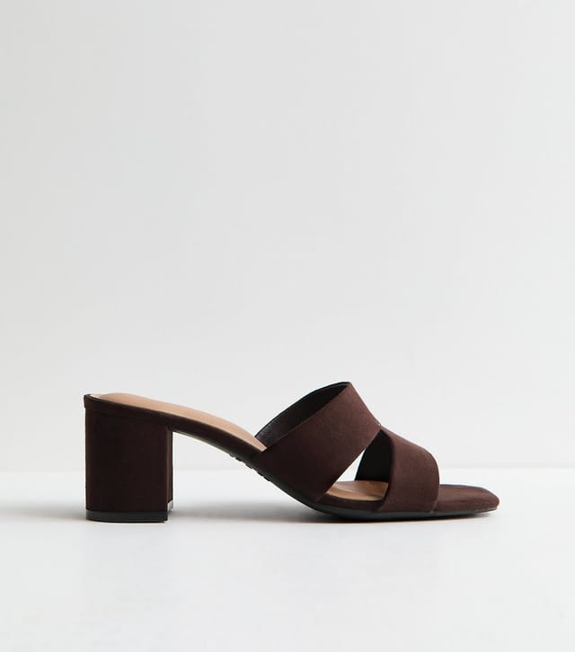 New Look Women's Dark Brown Faux Suede Cut Out Strap Block Heel Mules Vegan New Look - 3