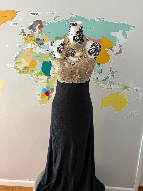 Top Fashion Black Gold Lace Bodice Halterneck Maxi Dress UK 10