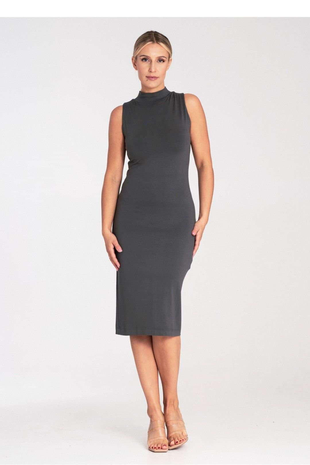 Love Lace Love Lace Women's Fitted Sleeveless Midi Dress Stand Collar Style 204338 in Grey