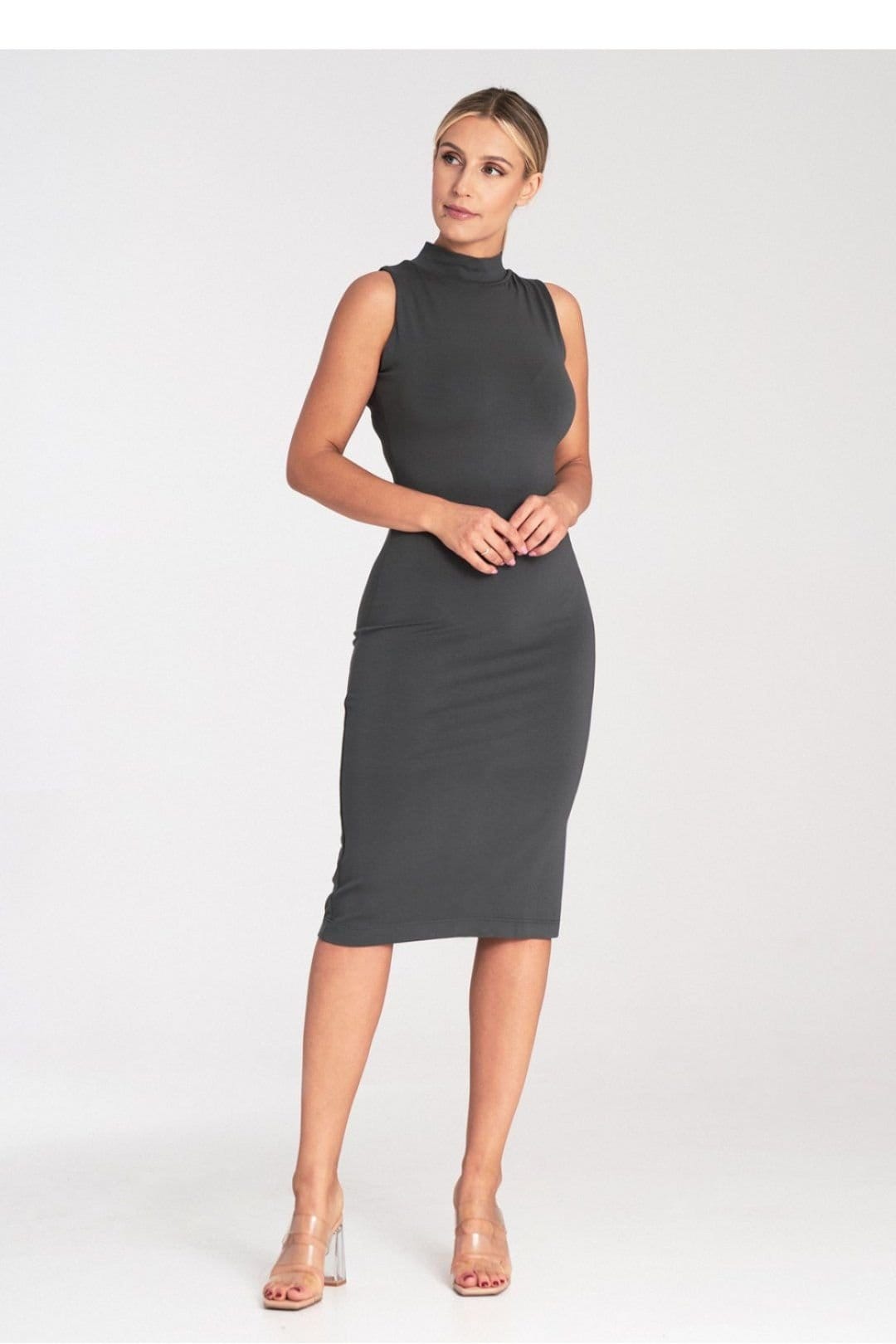 Love Lace Love Lace Women's Fitted Sleeveless Midi Dress Stand Collar Style 204338 in Grey - 4