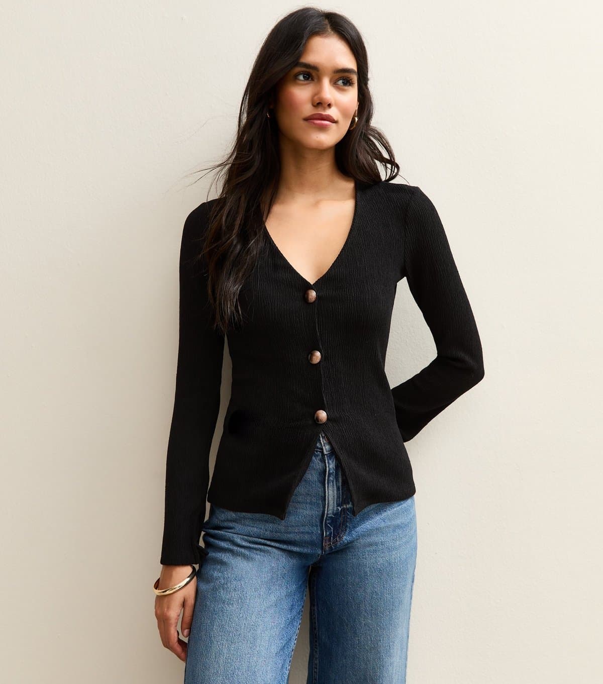 New Look Women's Black Textured Button Through Long Sleeve Top New Look