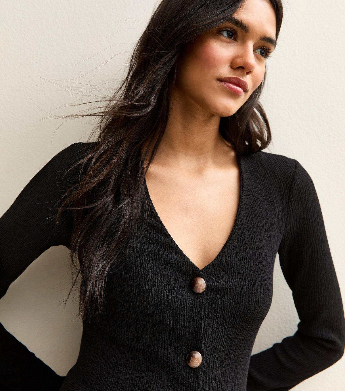 New Look Women's Black Textured Button Through Long Sleeve Top New Look - 3