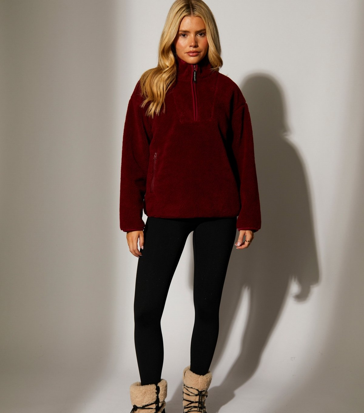 South Beach Women's Burgundy Borg Quarter Zip Jacket South Beach New Look - 3