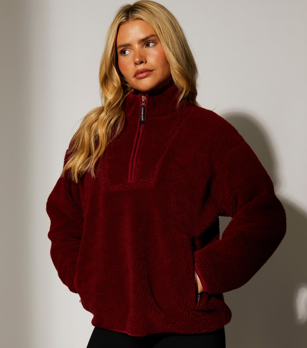 South Beach Women's Burgundy Borg Quarter Zip Jacket South Beach New Look - 4