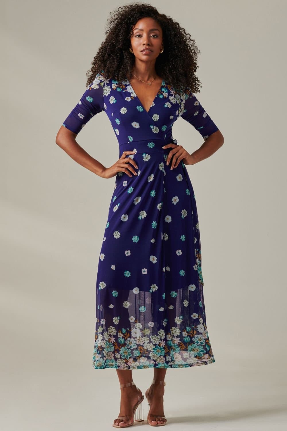 Jolie Moi Jolie Moi Women's Stella Floral Print Wrap Mesh Maxi Dress