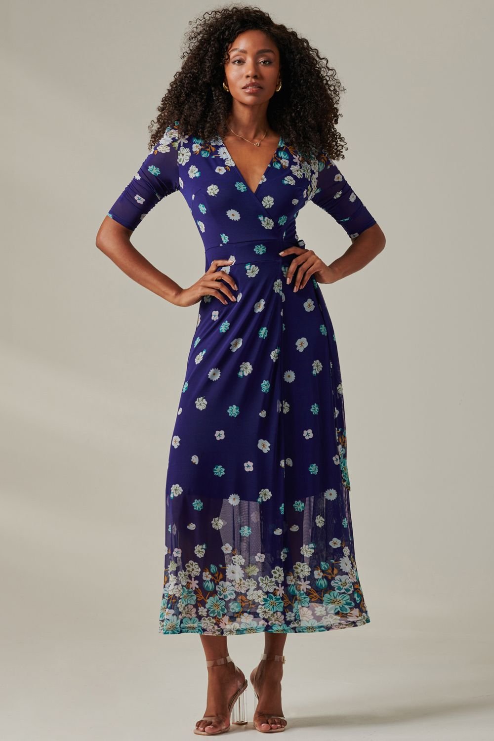 Jolie Moi Jolie Moi Women's Stella Floral Print Wrap Mesh Maxi Dress - 4