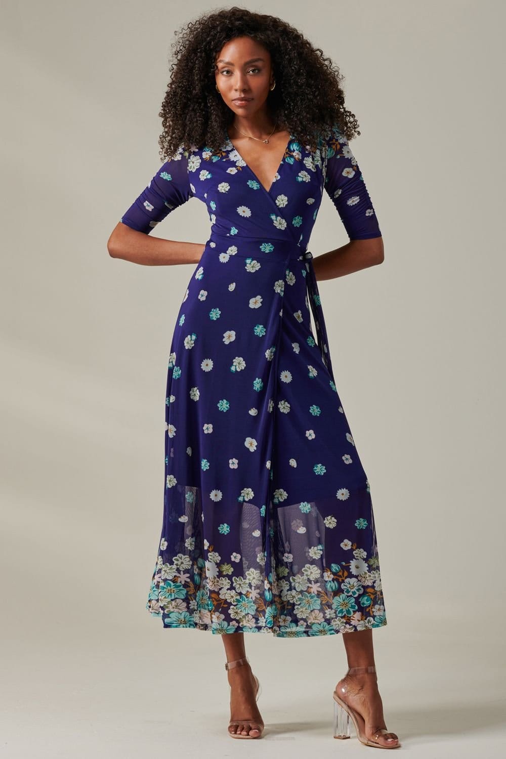 Jolie Moi Jolie Moi Women's Stella Floral Print Wrap Mesh Maxi Dress - 4