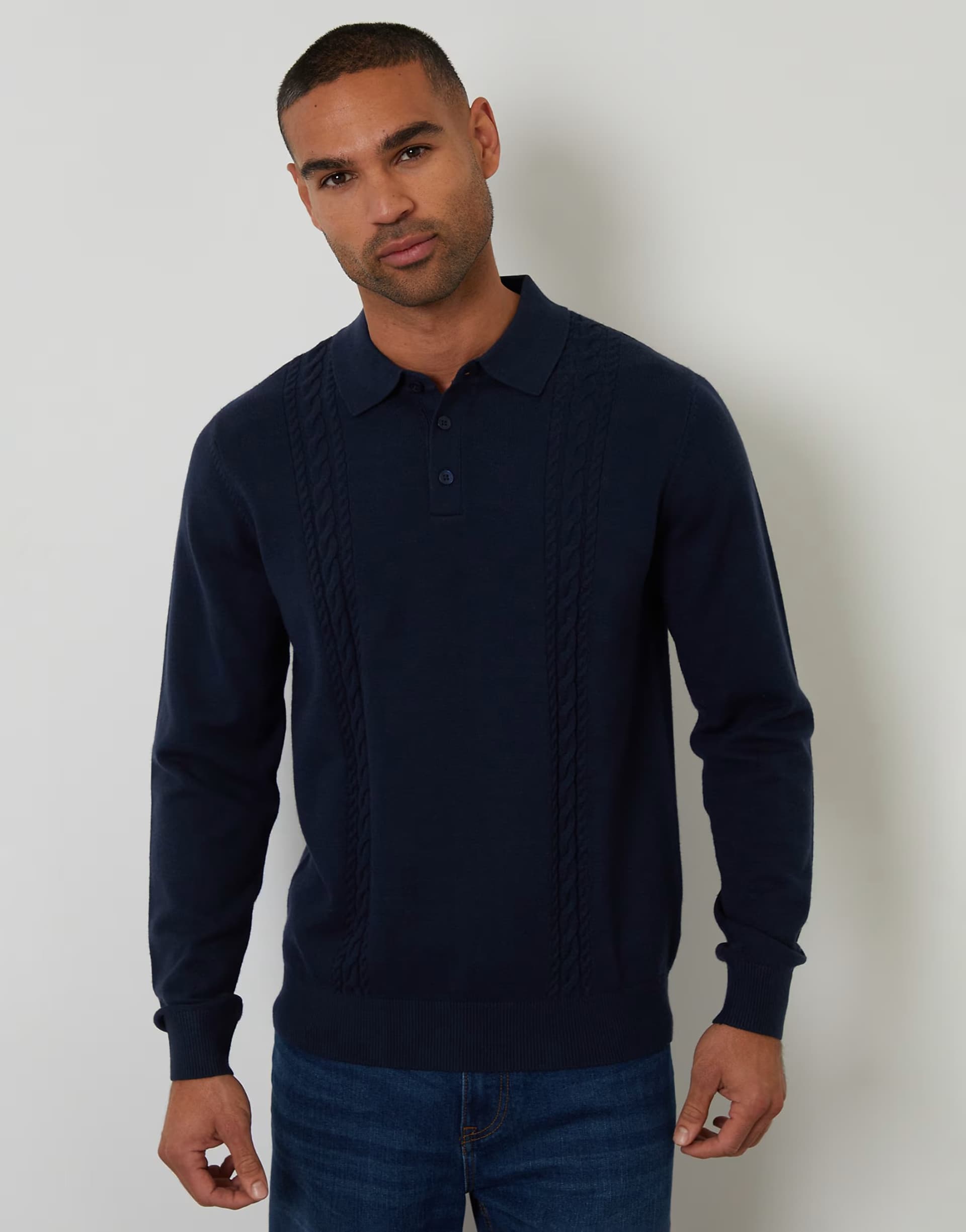 ASOS Threadbare Cable knit long sleeve polo jumper in navy