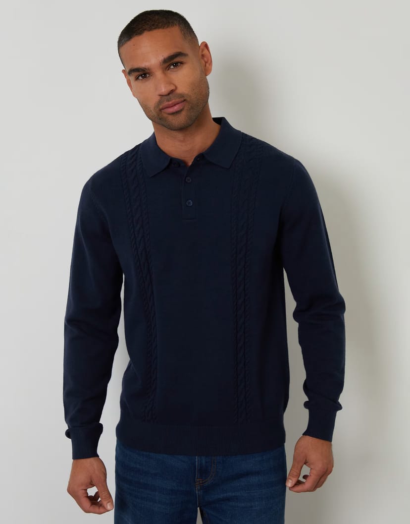 ASOS Threadbare Cable knit long sleeve polo jumper in navy - 1