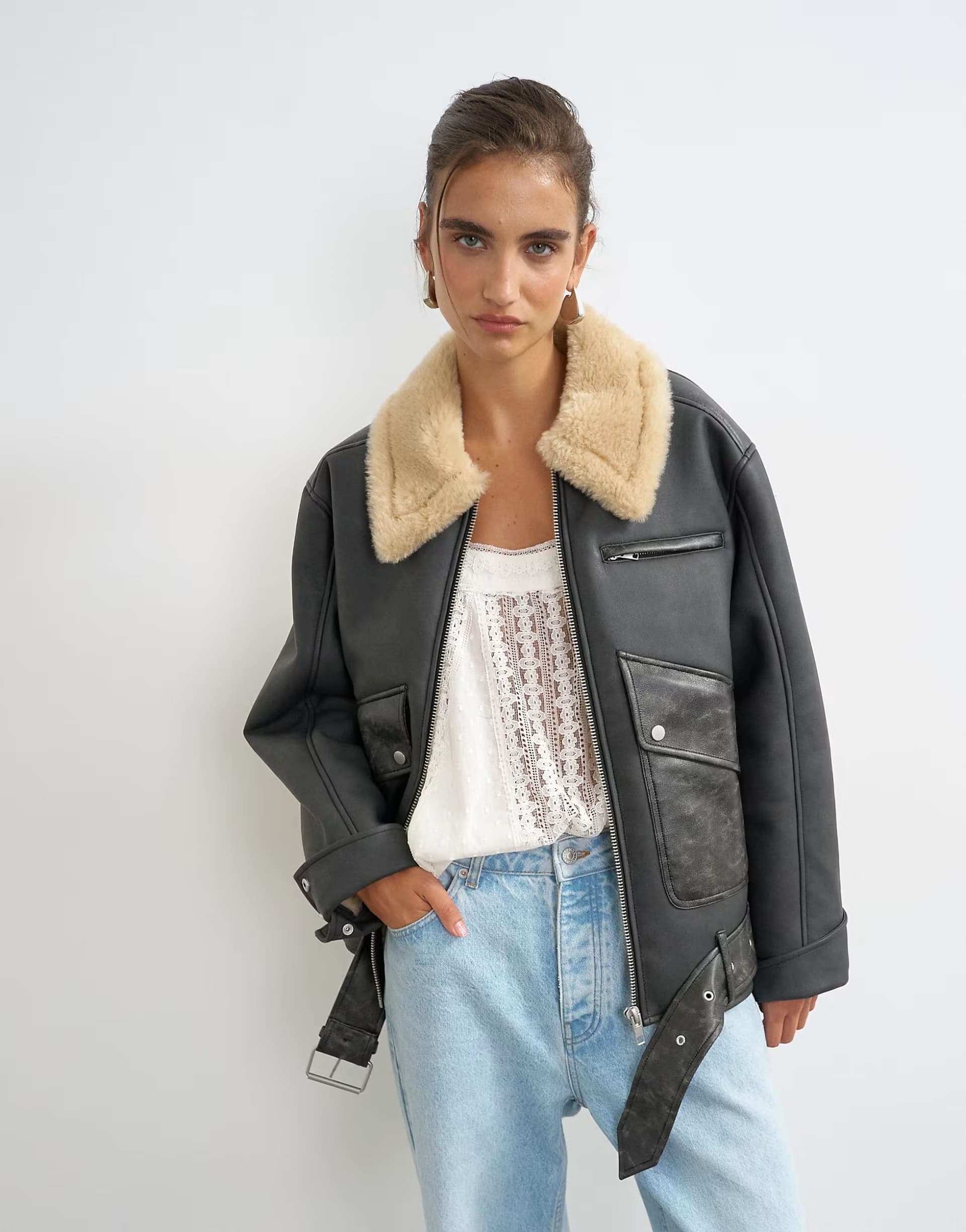 ASOS Topshop belted faux leather jacket in black and tan