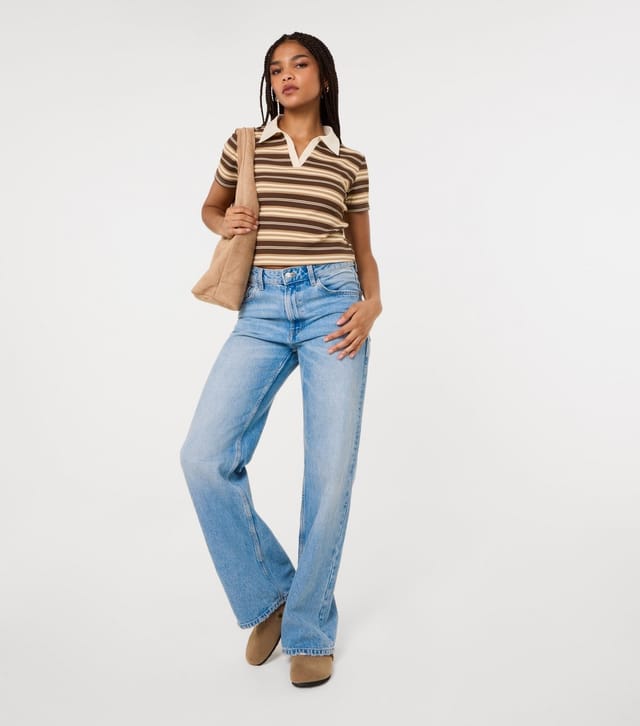 Pink Vanilla Women's Brown Striped Rugby Short Sleeve Top Pink Vanilla New Look - 2