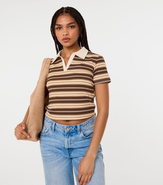 Pink Vanilla Women's Brown Striped Rugby Short Sleeve Top Pink Vanilla New Look - 3