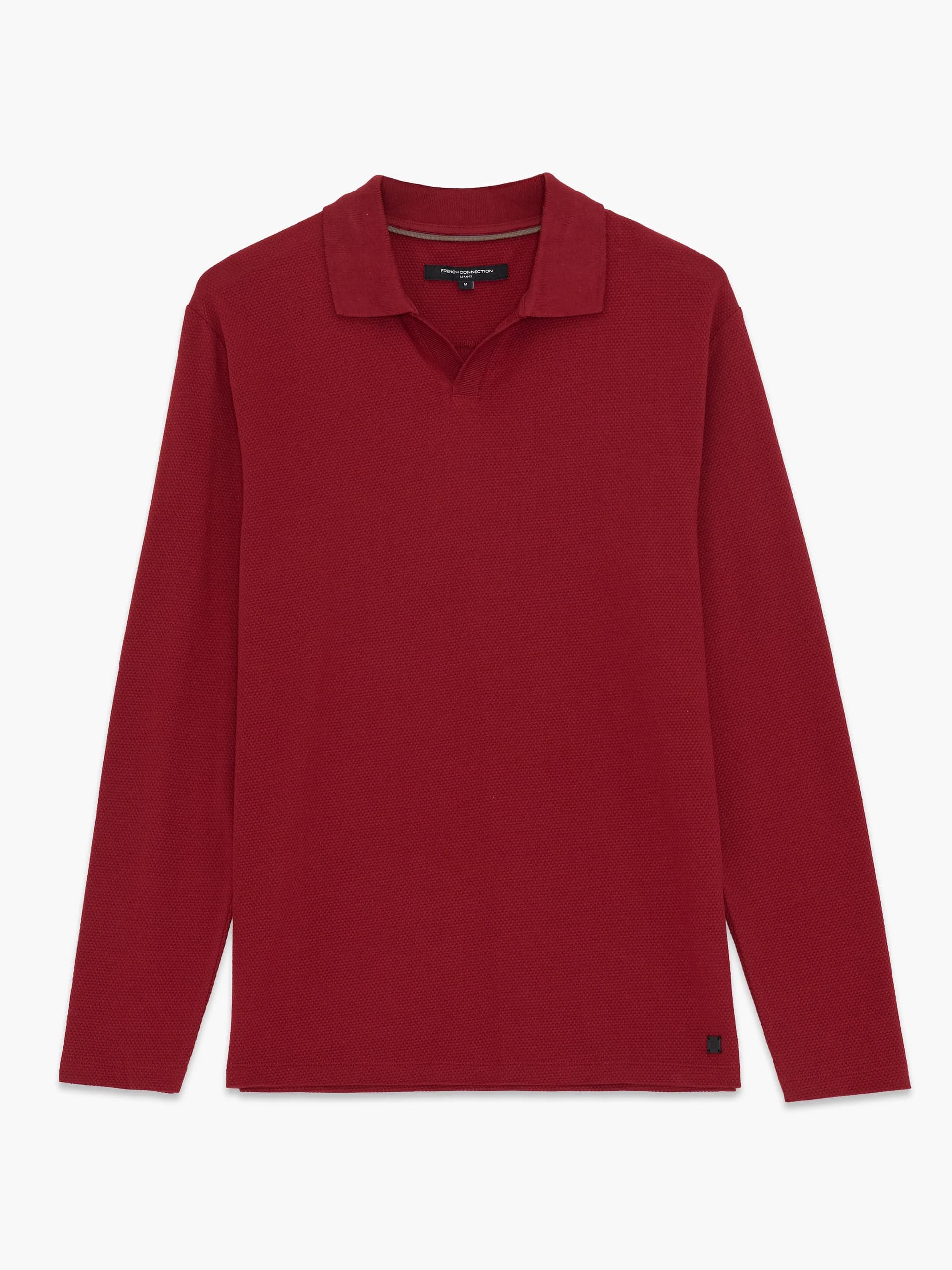French Connection Maroon Popcorn Textured Long Sleeve Polo Shirt Merlot