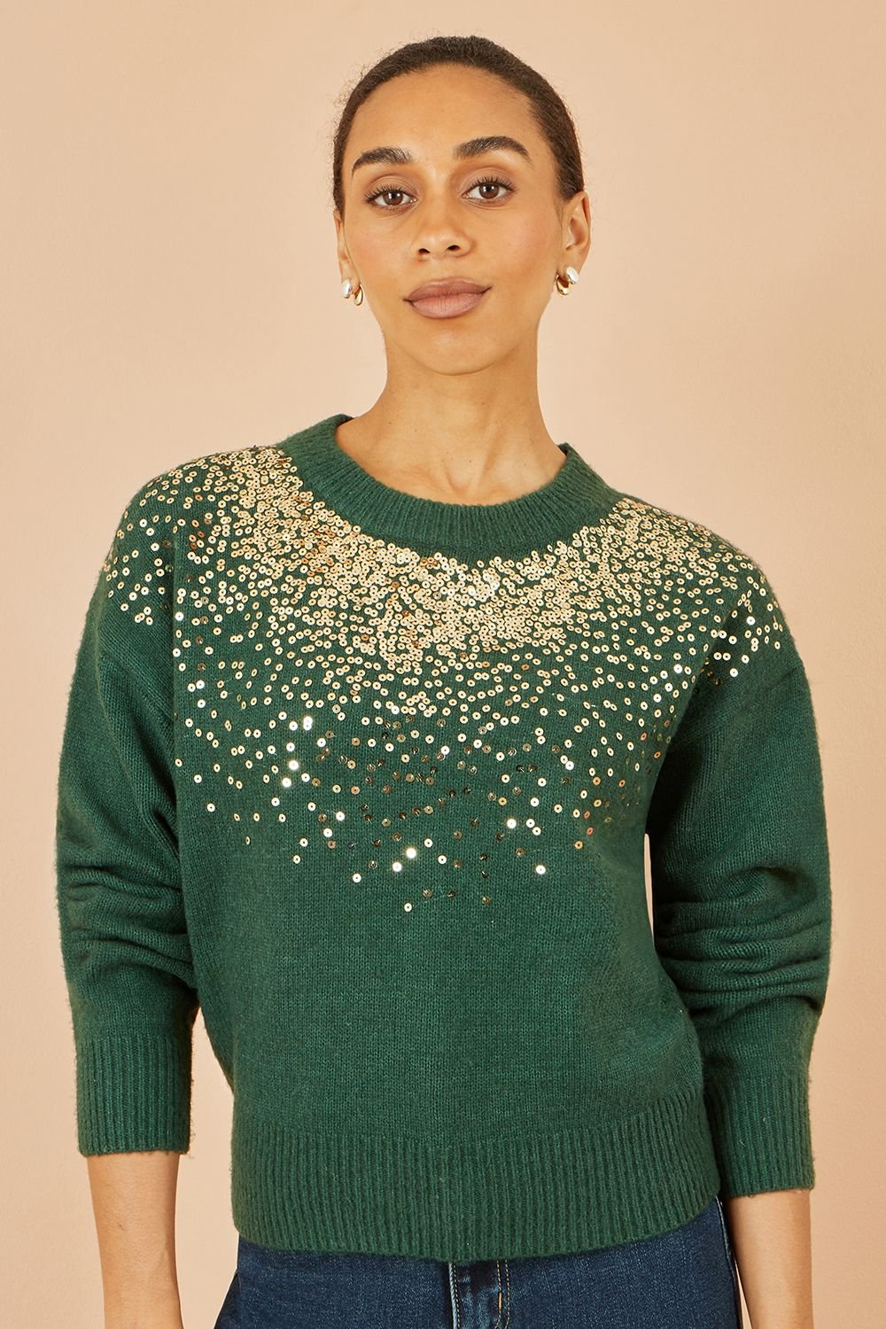 Yumi Yumi Women's Green Relaxed Knitted Jumper With Scattered Sequin Neckline - 2