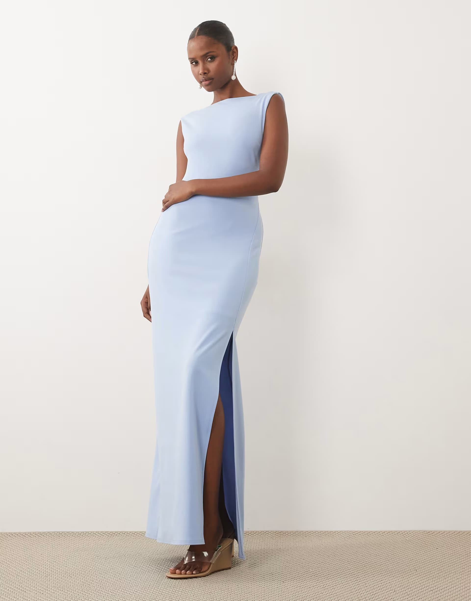 ASOS TFNC crepe slash neck backless maxi dress in light blue